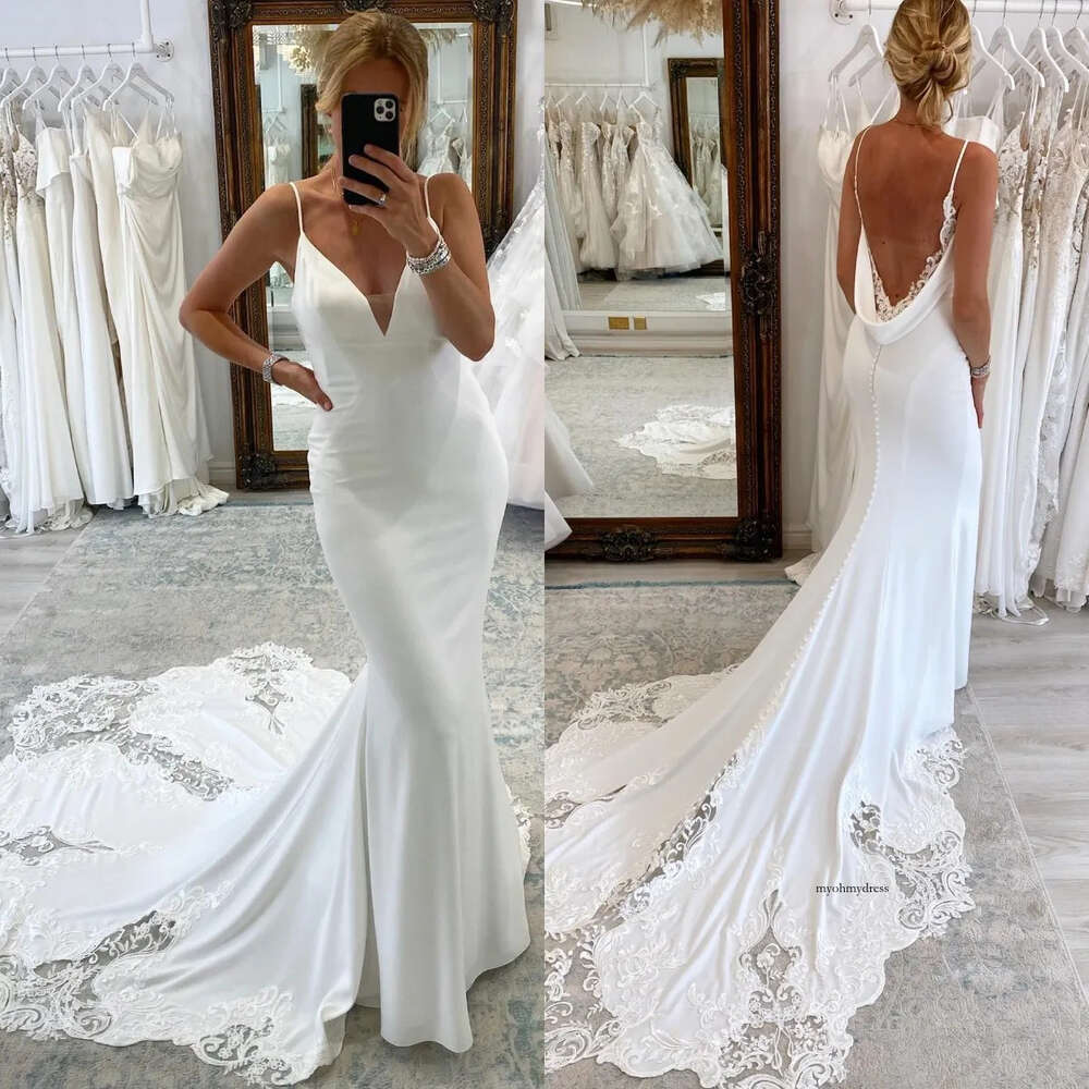 Elegant Mermaid Dresses Spaghetti Satin Wedding Dress With Lace Sweep Train Appliques Backless Wedding Bridal Gowns 0515