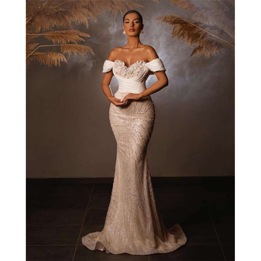 Beige Wedding Dress Pearls Appliqued Bridal Gown Detachable Train Custom Made Off Shoulder Robe Lace Up Back