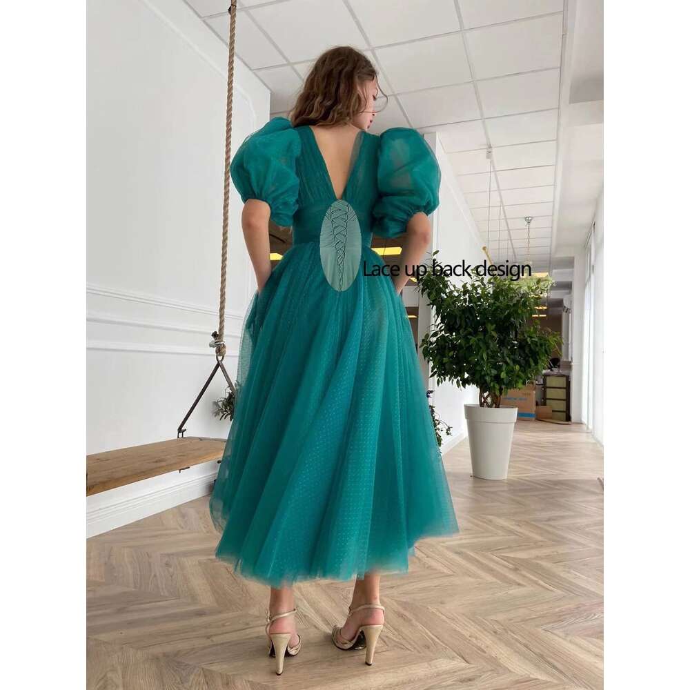 MARSEN Puffy Sleeve Prom Tea Length Formal Evening Dresses Women A Line prom Ball Gown for Bride prom AMZ
