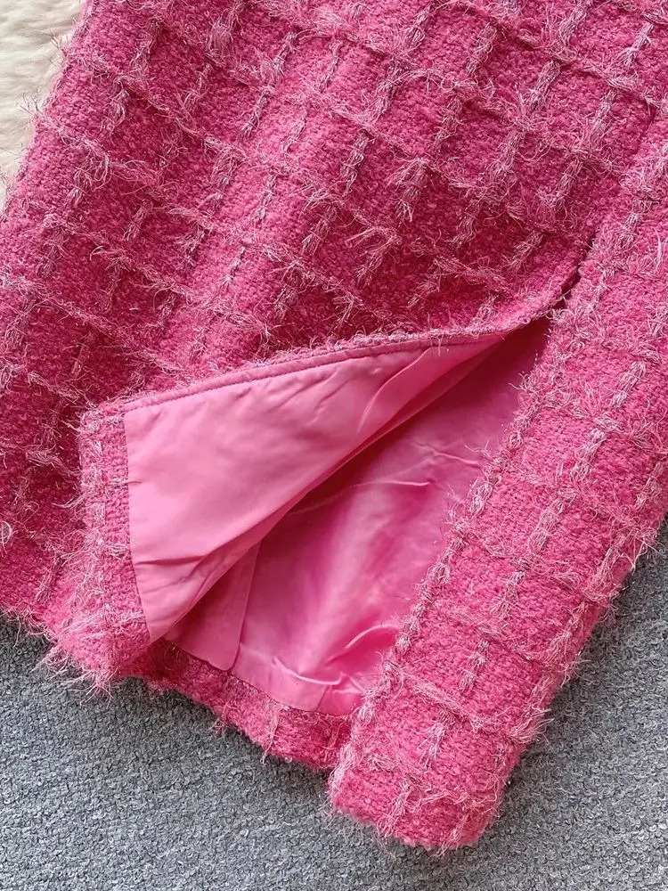 Autumn Winter Fashion Rose Red Woolen Two Piece Set Women Golden Button Chain Belt Tweed Short Jacket CoatSplit Midi Skirt Suit 240507