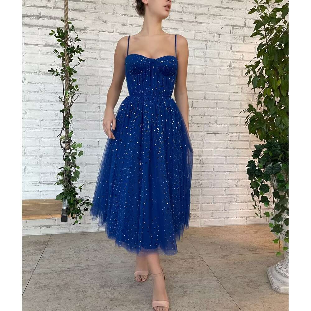 Spaghetti Straps Starry Tulle Prom Dresses Sparkly Tea Length Formal Evening Party Dress Sweetheart Ball Gown for Teens prom AMZ