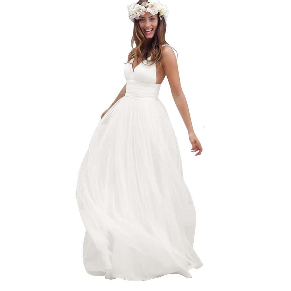 Simple V Neck prom Dress for Bride Spaghetti Straps Ruched Tulle Beach Bridal Gowns prom AMZ
