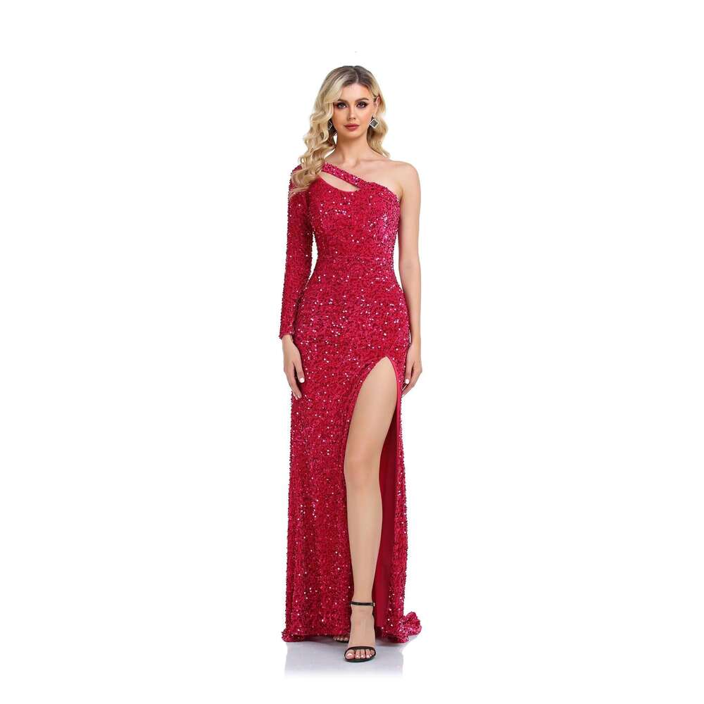 One Shoulder Long Sleeve Sequin Gowns Sparkly Mermaid Dresses for Women Formal Evening Party prom AMZ