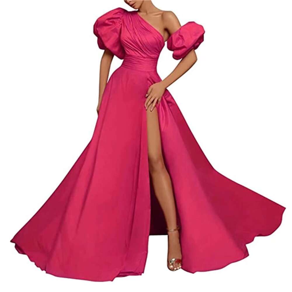 Women's Short Puffy Sleeves Prom Dresses Side Split Ruched Formal Evening Gowns prom AMZ