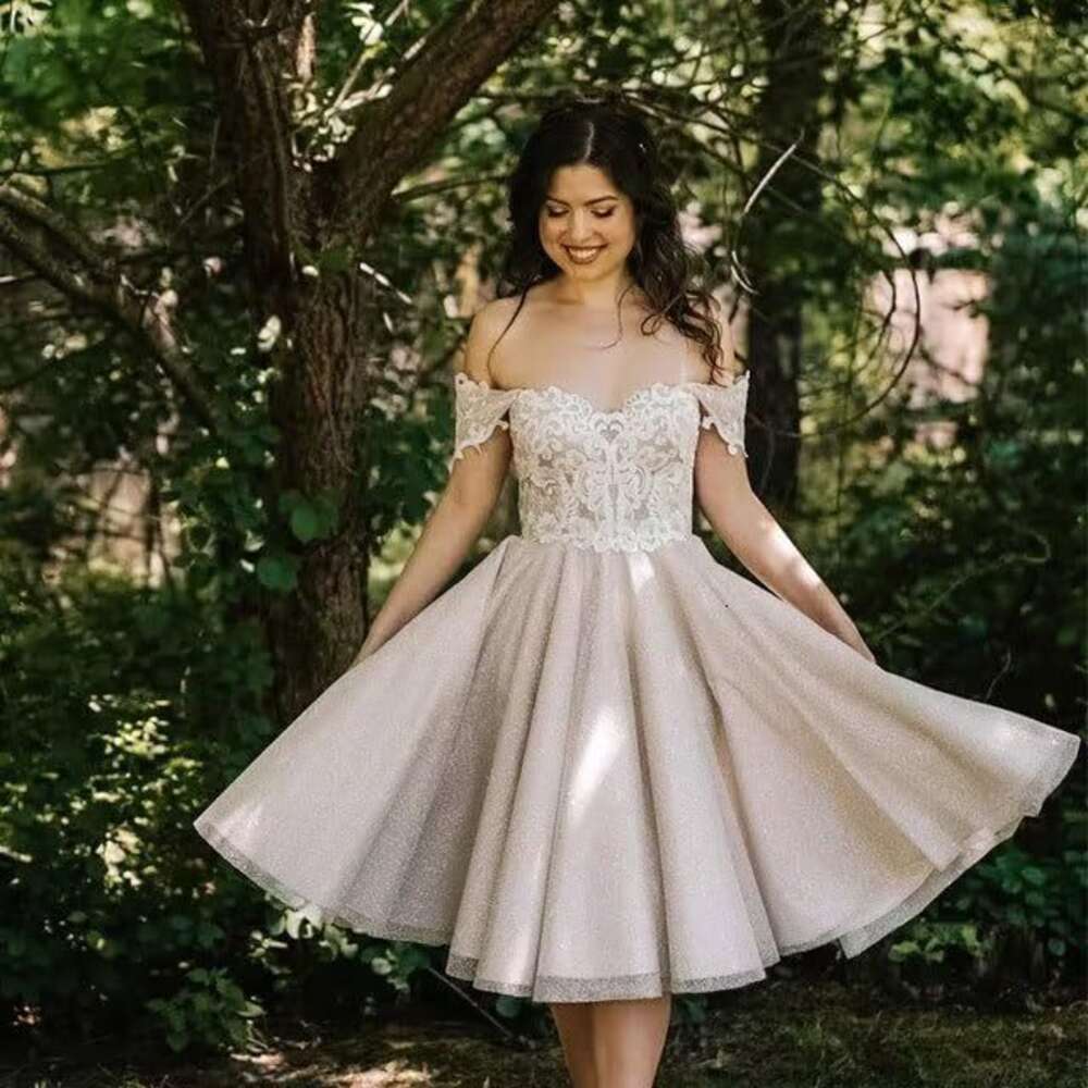 Off Shoulder Lace Applique Homecoming Dress A Line Tea Length Sparkly Tulle Prom Dresses Formal Party Cocktail Evening Gowns BC19436