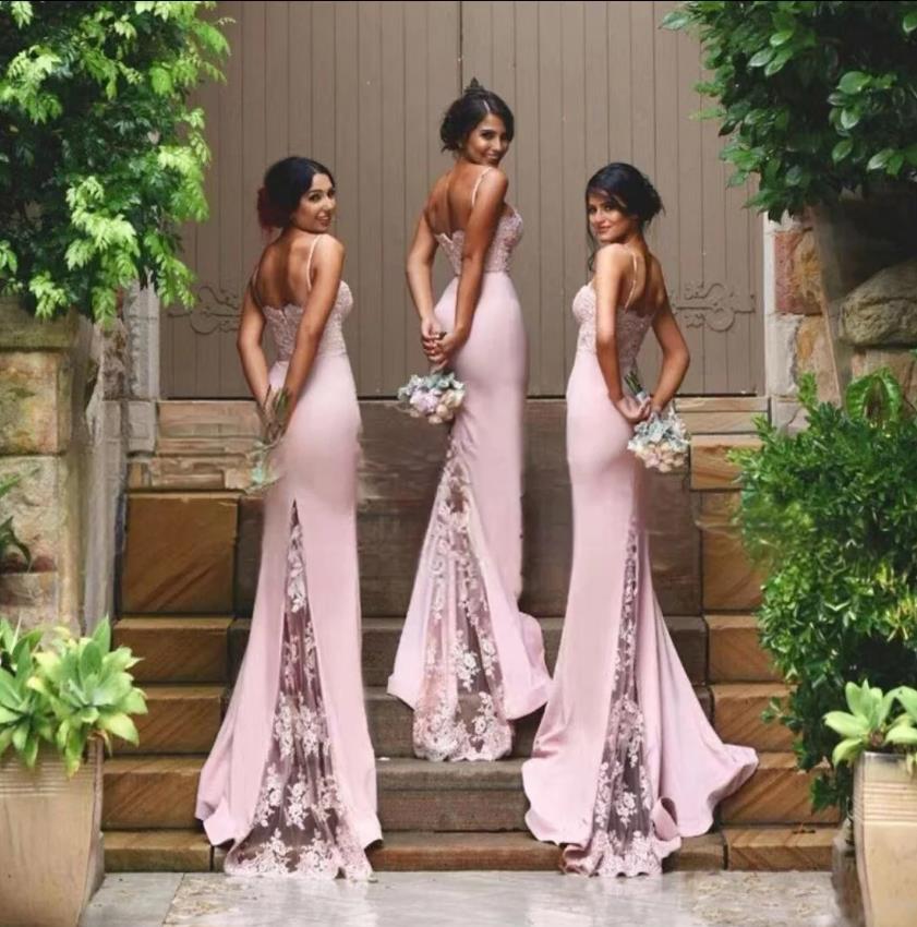 Custom Pink Lace Mermaid Bridesmaid Dresses Long Spaghetti Strap Sweetheart Neck Sweep Train Vestidos Wedding Party Dress
