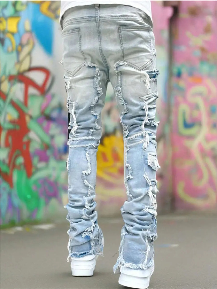 Ripped Jeans Male Retro Trend Street Style Fashion Spliced Slim Versatile Men Casual Straight Denim Pants 240430