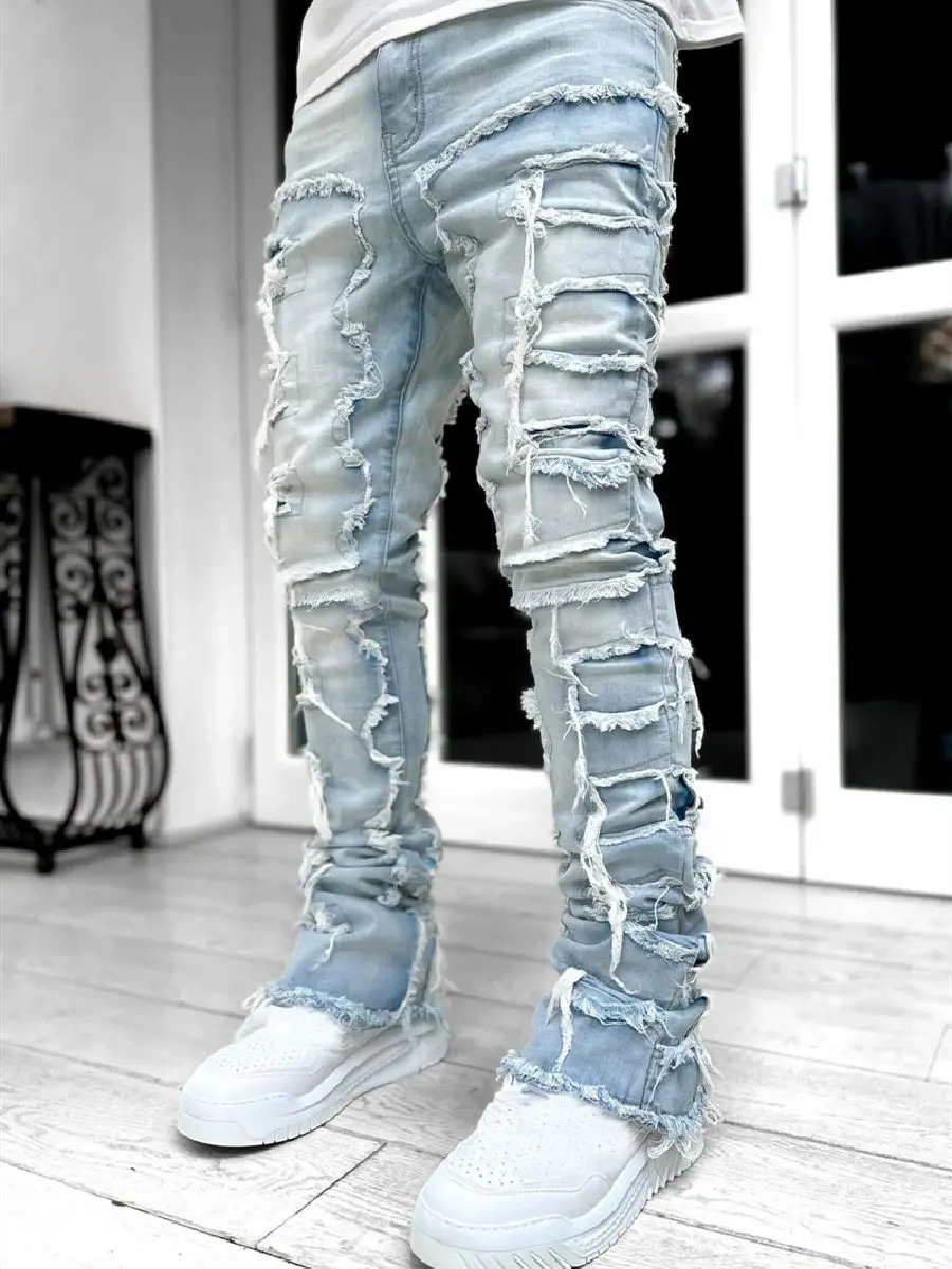 Ripped Jeans Male Retro Trend Street Style Fashion Spliced Slim Versatile Men Casual Straight Denim Pants 240430