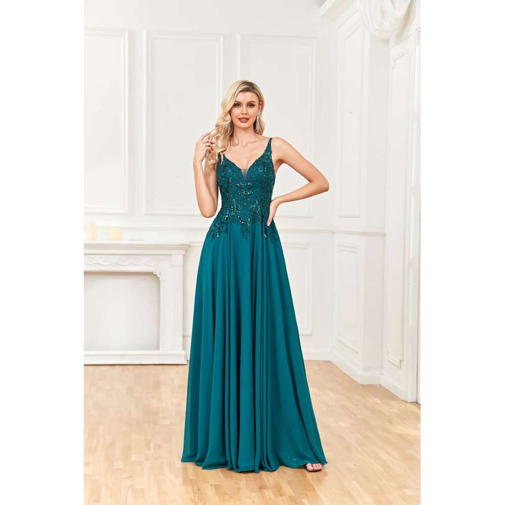 Lace Appliques Chiffon Prom Long A Line Formal Dresses for Women Split V Neck Evening Party Ball Gown prom AMZ