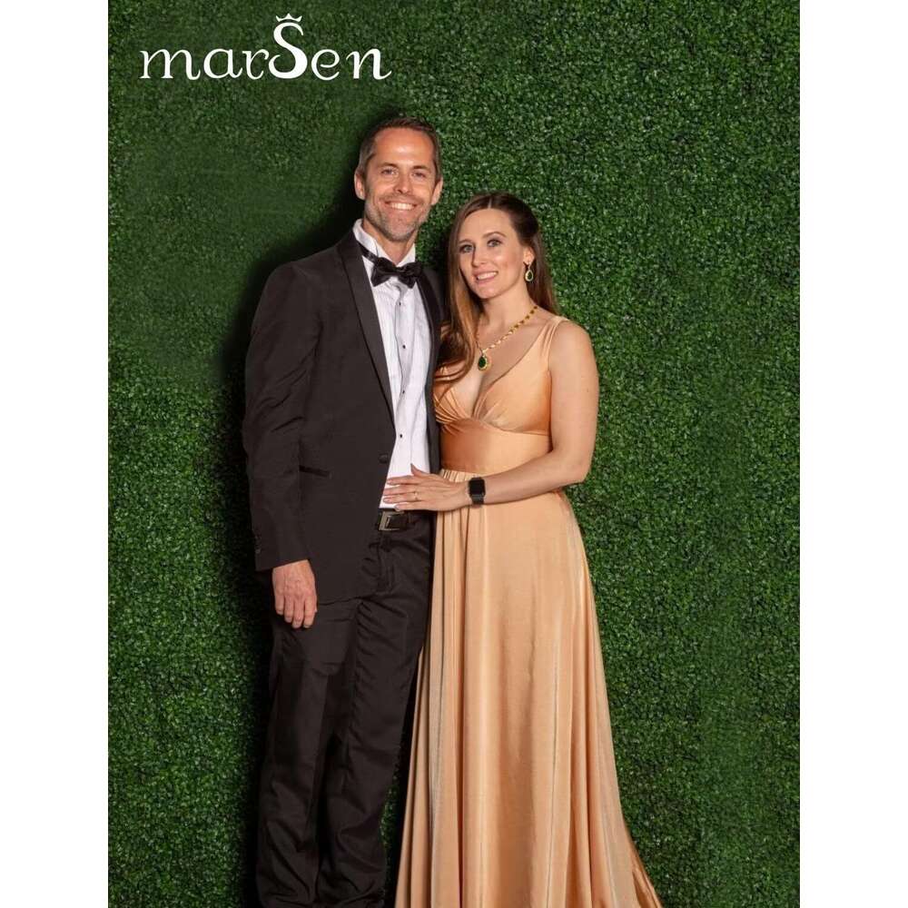 V Neck Satin Bridesmaid prom Split Prom Long A Line Formal Dresses for Women Bury Size 16 prom AMZ