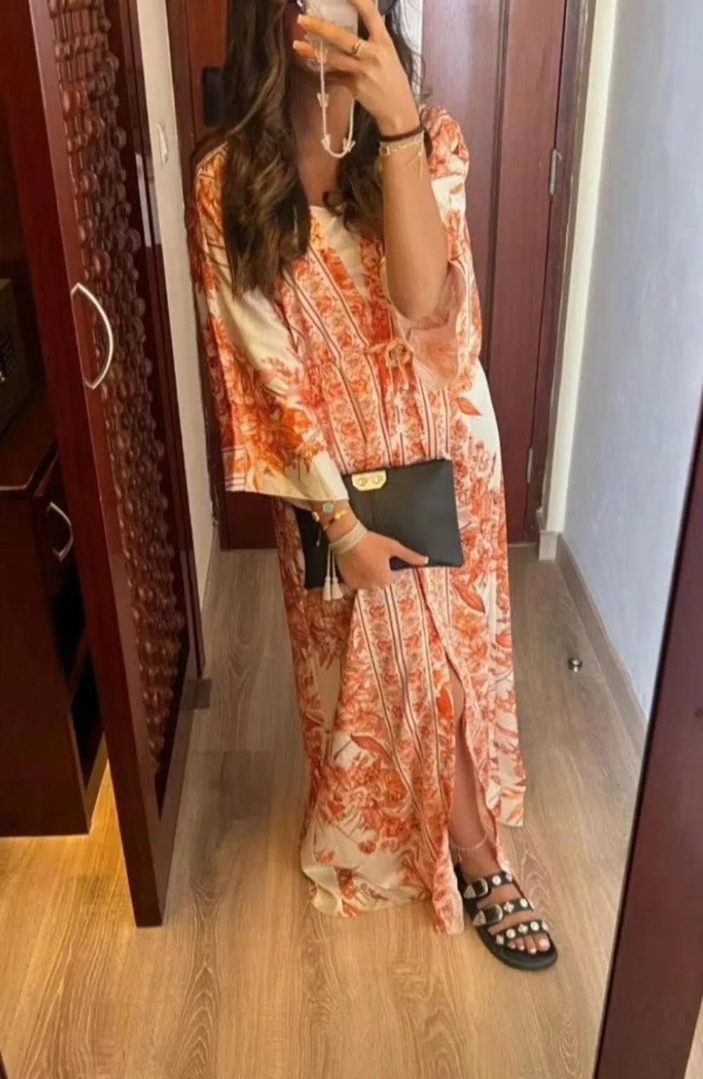 Summer Fashion Printed Lace Up Dress Women CausalBeach Style Vneck Flare Sleeves High Waist Printed Dress Women 240515