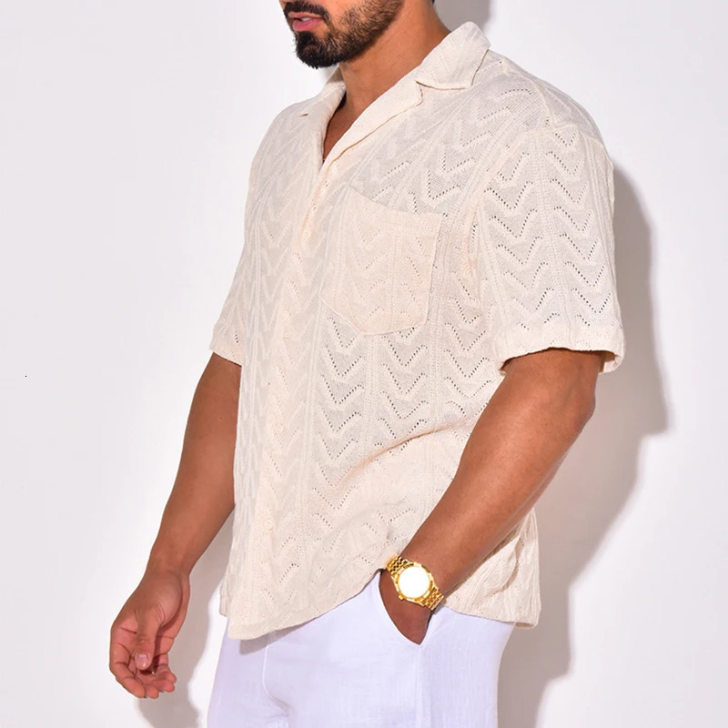 Summer Trendy Breathable Knit Mens Shirt Short Sleeve Lapel Buttoned Knitted Tops Beach Style Vintage Jacquard Crochet Knitwear 240506
