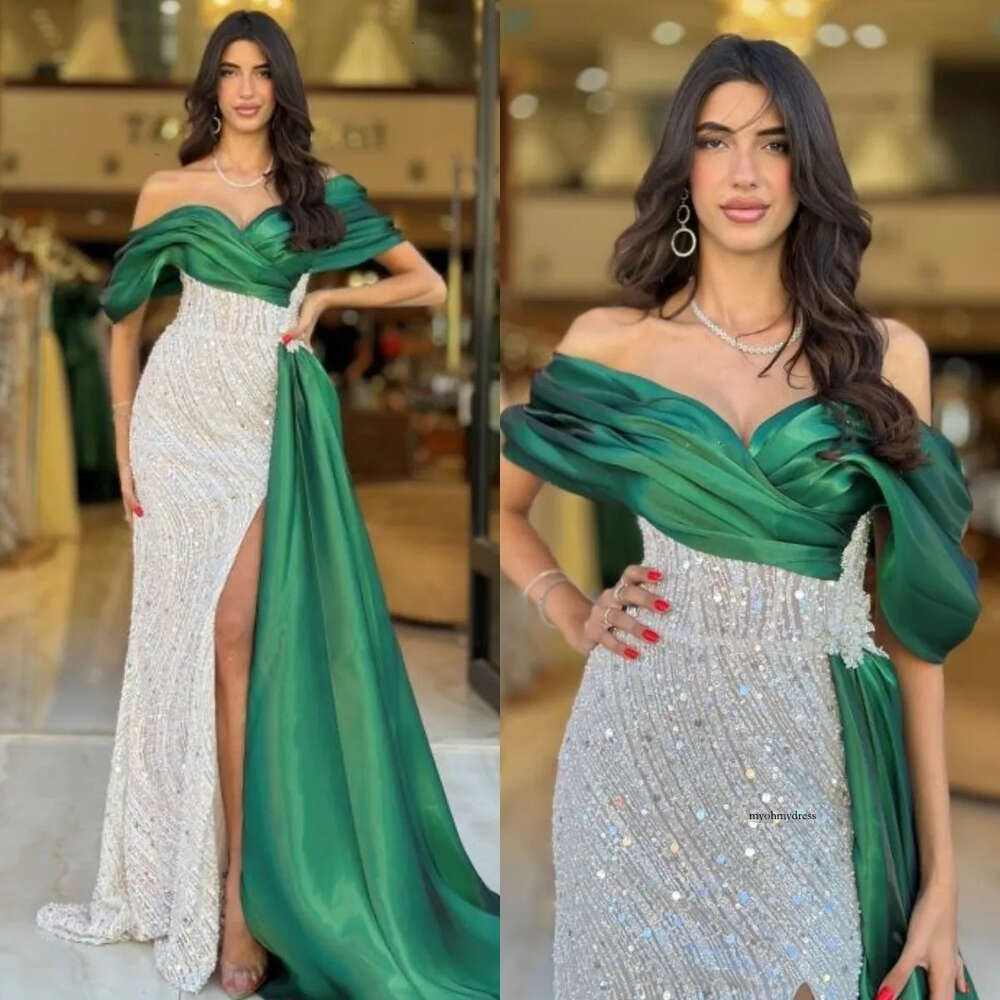 Chic Green Mermaid Evening Off Shoulder Crystal Sequins Formal Party Prom Dress Split Dresses For Special Ocn 0515
