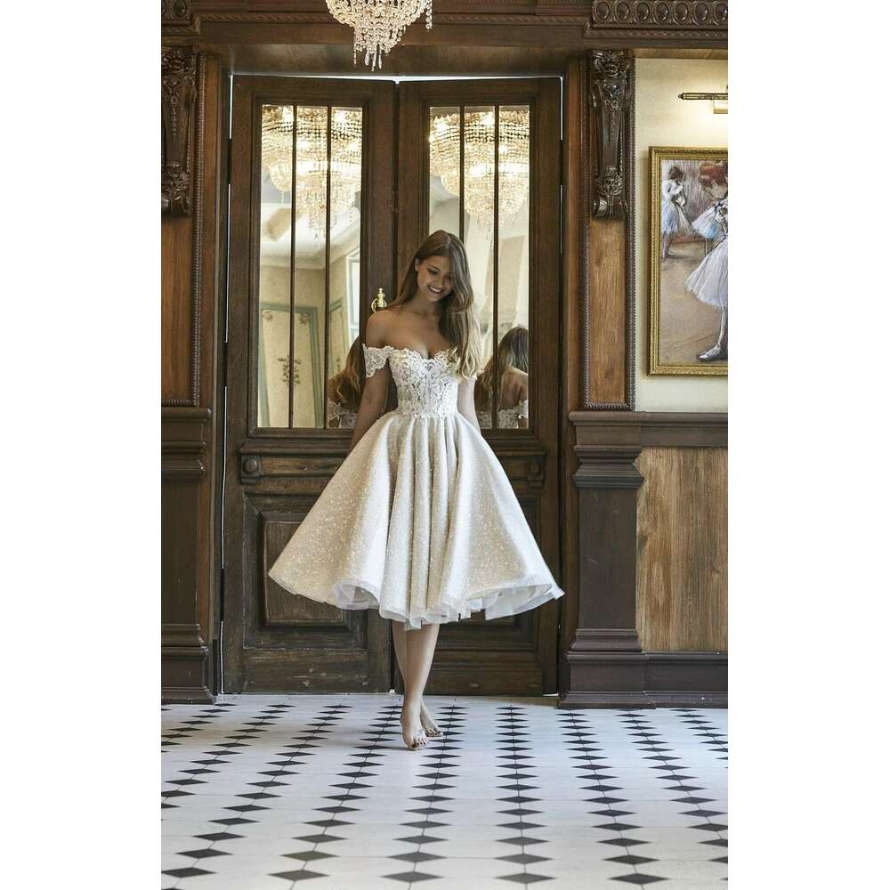 Off Shoulder Lace Applique Homecoming Dress A Line Tea Length Sparkly Tulle Prom Dresses Formal Party Cocktail Evening Gowns BC19436