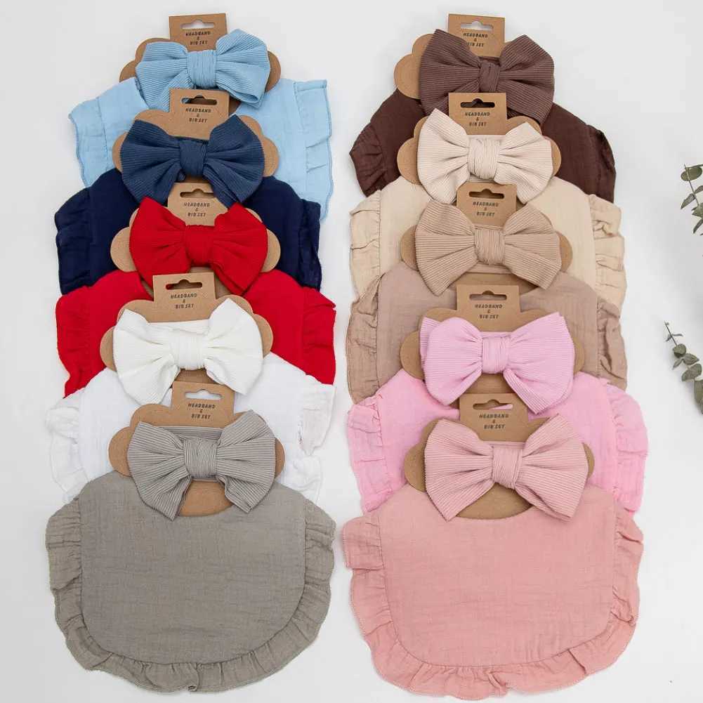 Bibs Burp Cloths 2Pcs/Lot Ribbed Baby Bibs Hair Bows Headbands for Baby Boys Girls Ruffled Flower Saliva Towel Feeding Burp Cloth Scarf HeadwearL4812