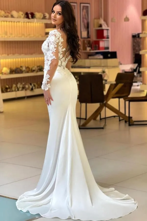 Modest Long Sleeve Sheer Appliques Lace Mermaid Wedding Dresses Arabic Dubai With Buttons Covered Back Bridal Gowns Custom Made Bc18671 0618