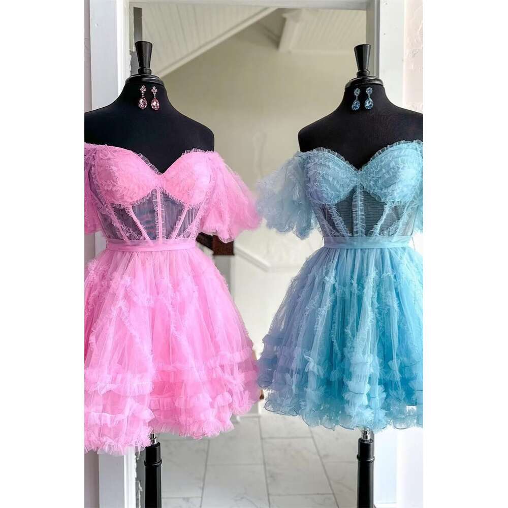 Off Shoulder A Line Homecoming Puffy Sleeve Tulle Short Prom Ruffles Mini Dresses for Party prom AMZ