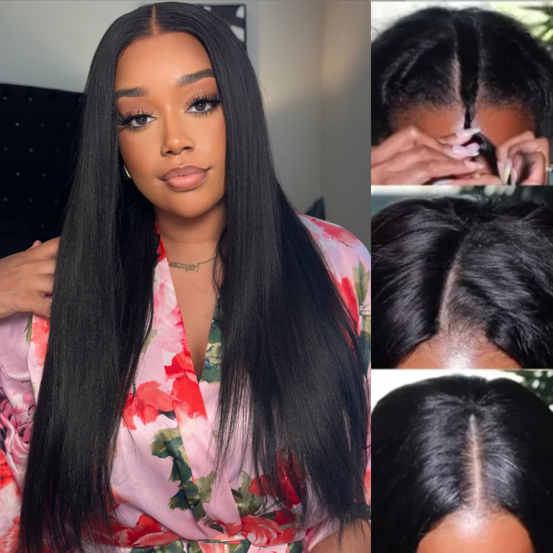 V Part Wig Yaki Straight Human Hair No Leave Out Glueless Upgraded for Women,10A Yaki Straight V-part Wigs V Shape Clip in Half Wig Ready to Go 150% D