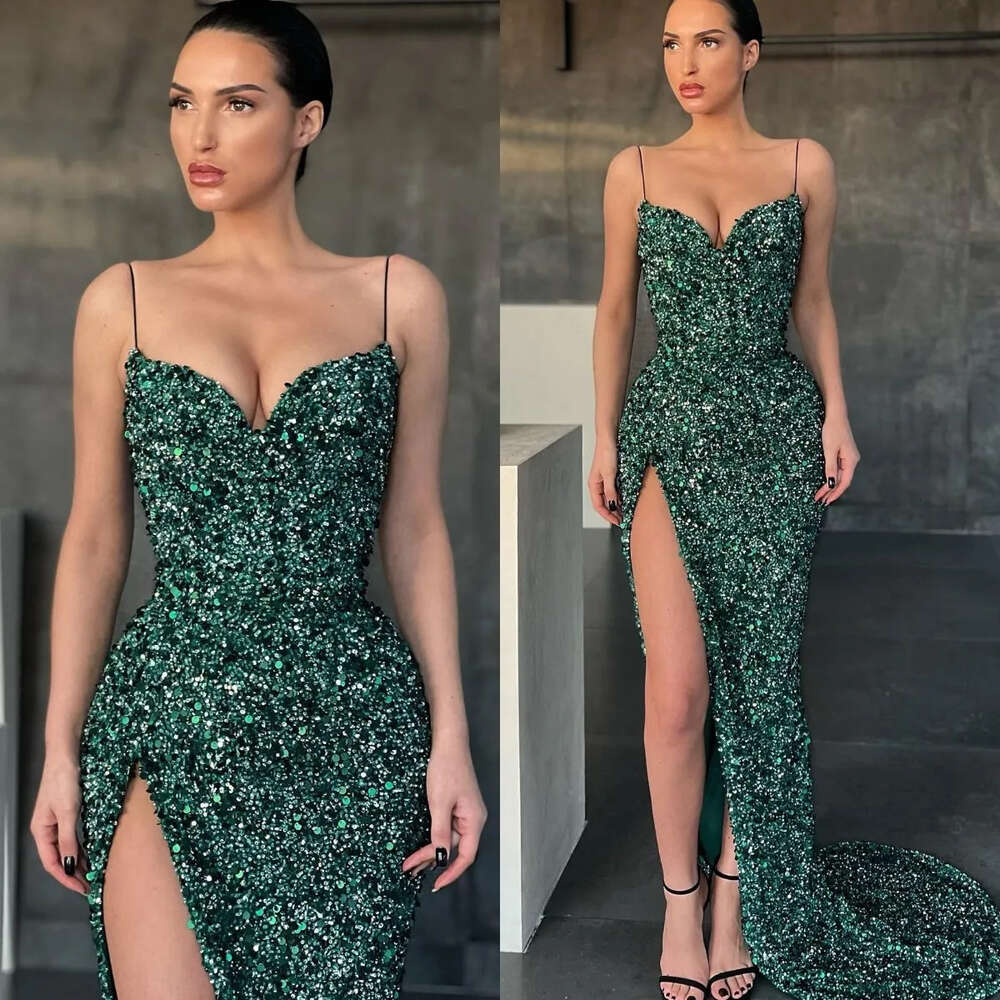 Elegant Dark Green Prom Dresses Spaghetti Sequins Sheath Party Evening Gowns Slit Formal Long Special Ocn Dress 0515