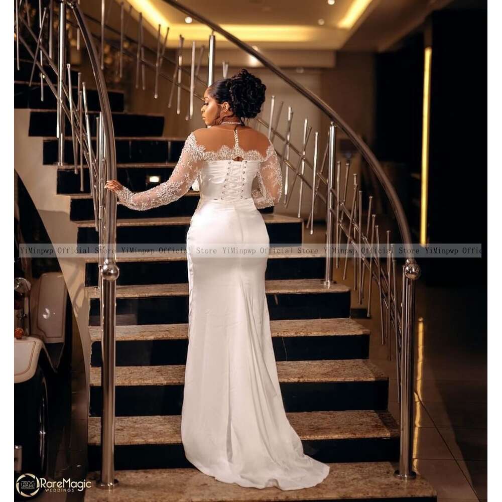White Mermaid Wedding Dresses with Detachable Train Sheer Neck Long Sleeve up Closure Lace Beading African Bridal Gowns