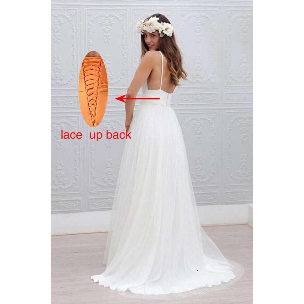 Simple V Neck prom Dress for Bride Spaghetti Straps Ruched Tulle Beach Bridal Gowns prom AMZ