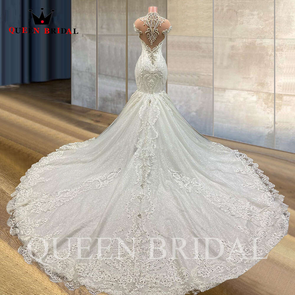 Real Photo Wedding Dresses Mermaid High Neck Tulle Crystal Beaded Diamond 2023 New Formal Bridal Gown Custom Made JT21