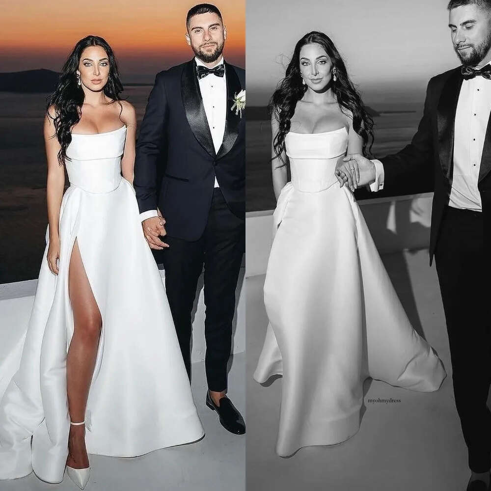 Boho A Line Dress For Bride Strapless Satin Wedding Dresses Bridal Gowns Vestidos Novia Bone Bodice Thigh Split Countries Robe De Mariage 0515