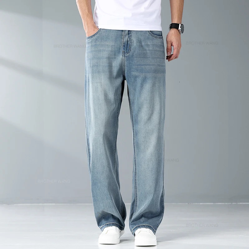 Summer Ice Silk Thin Light Gray Jeans for Men Loose Wide Leg Plus Size Casual Trousers High Quality Stretch Soft Fabric Pants 240430