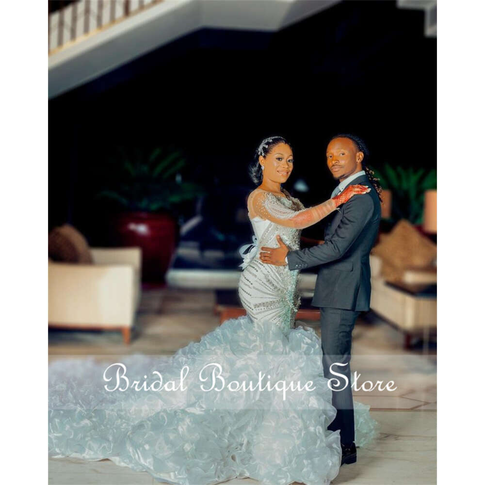 Pearls Mermaid Wedding Dress 2023 With Ruffle Long Sleeves Beading Crystals Sequins Bridal Gown Vestido De Noiva Corset