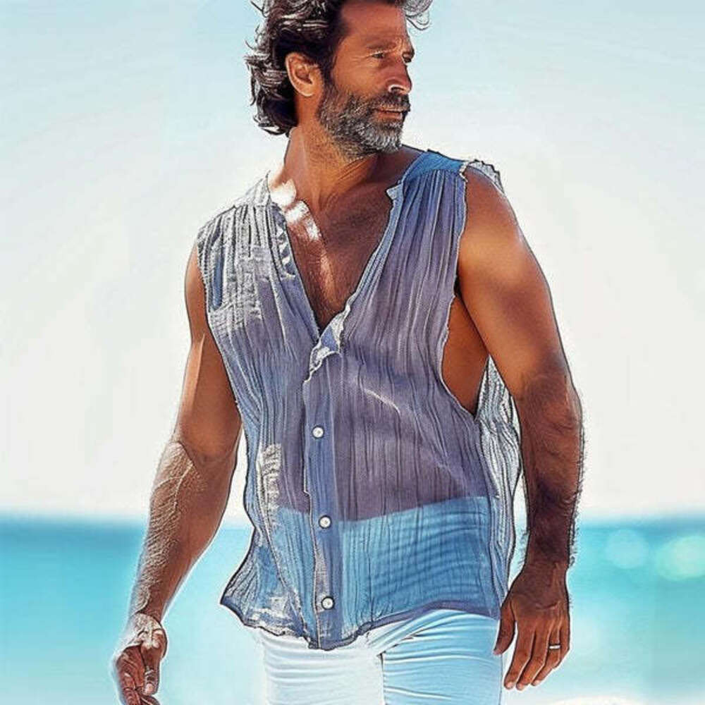 New men's sleeveless vest, solid color V-neck, summer casual fashion button top, versatile temperament M515 30 ddmymarket