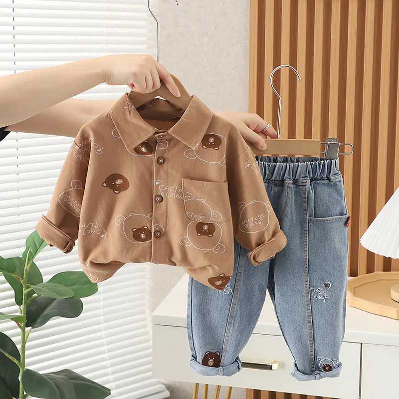 Clothing Sets Spring and Autumn Boys Clothing Set Fully Printed Bear Shirt+Jeans 2PCS Set Childrens Birthday Gift Set WX