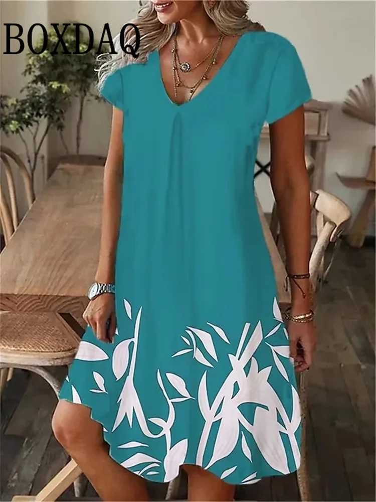 Basic Casual Dresses 2024 Casual Loose V-Neck Ladies Summer Dress Print Party Womens New Summer Pullover Short Slve Dress Fashion Plus-Size Dress Y240