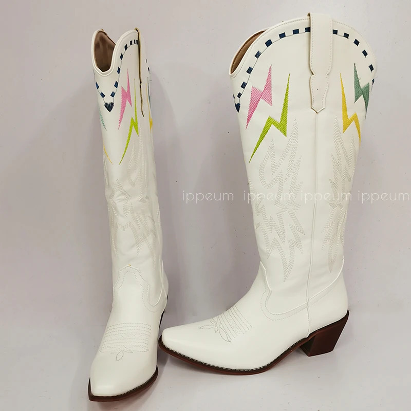 IPPEUM Black Knee High Western Cowboy For Women Embroidered Pointed Toe Shoes White Wide Calf Cowgirl Boots 240515
