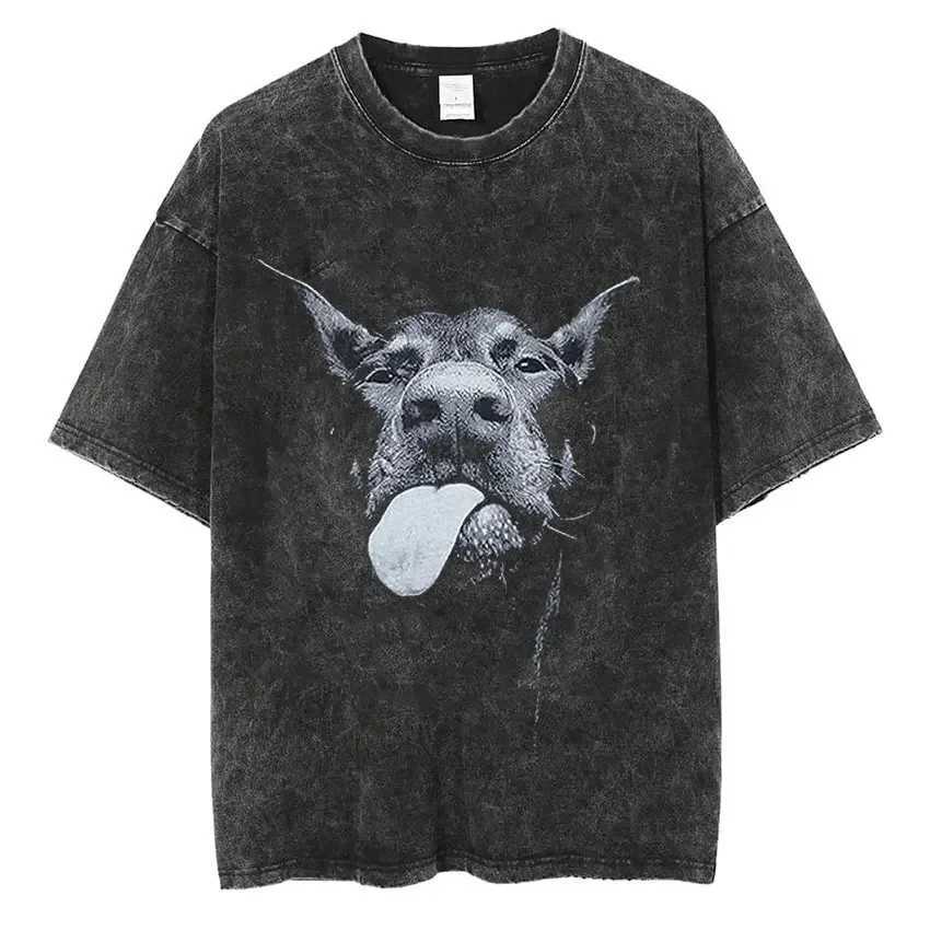 Men's T-Shirts Men Washed Vintage Short Slve T Shirts Hip Hop Rottweiler Doberman Graphic T-shirt Mens Cotton Oversized T shirt Strtwear T240515