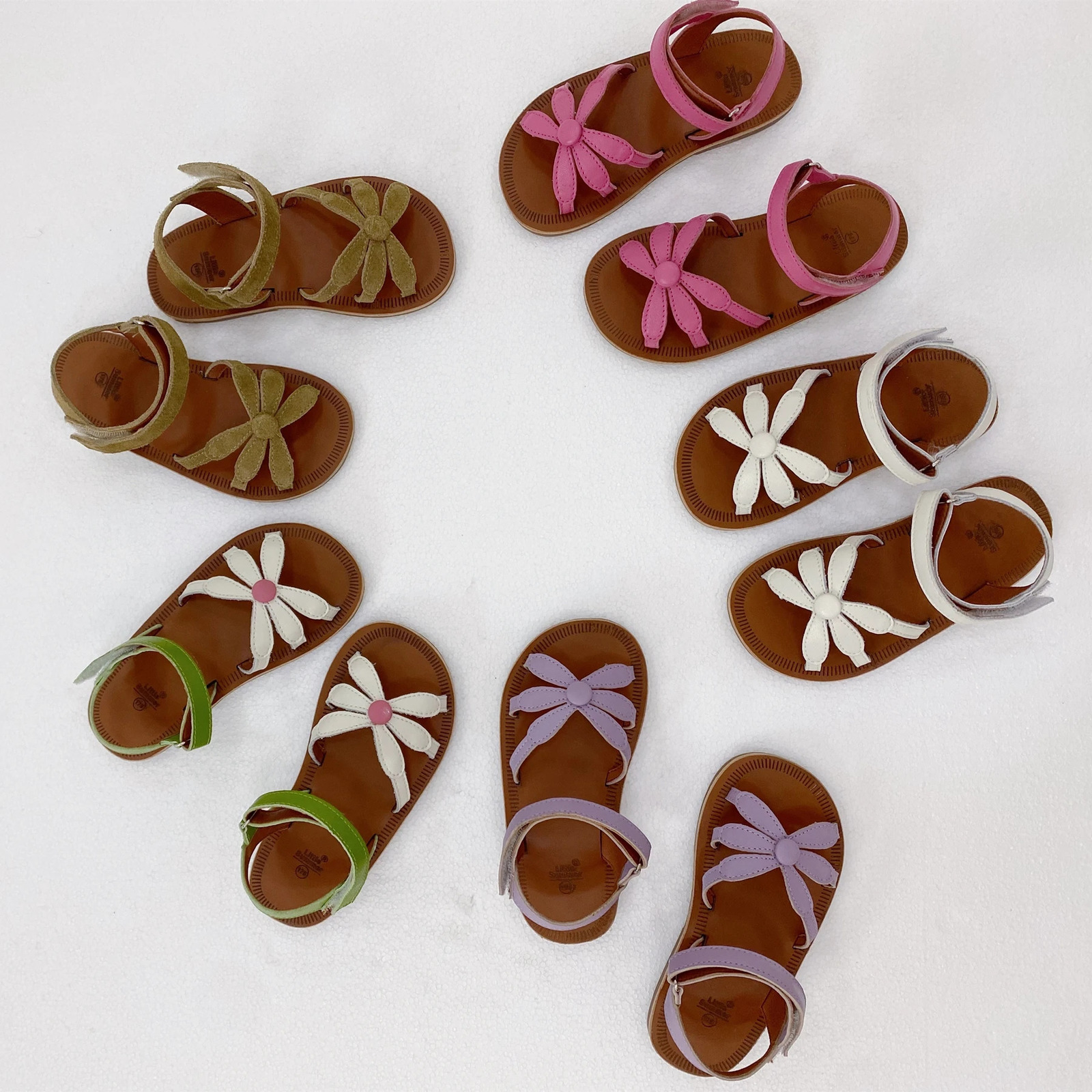 Summer Genuine Leather Girls Sandals Chrysanthemum Salt Water Cowhide Childrens Beach Shoes Suede Kids 240506