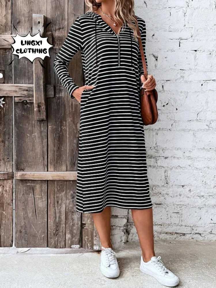 Basic Casual Dresses Winter New Womens Hooded Long Casual Sweater Long Dress Commuter Style Home Elastic Pocket Long Striped Sweater Y240515