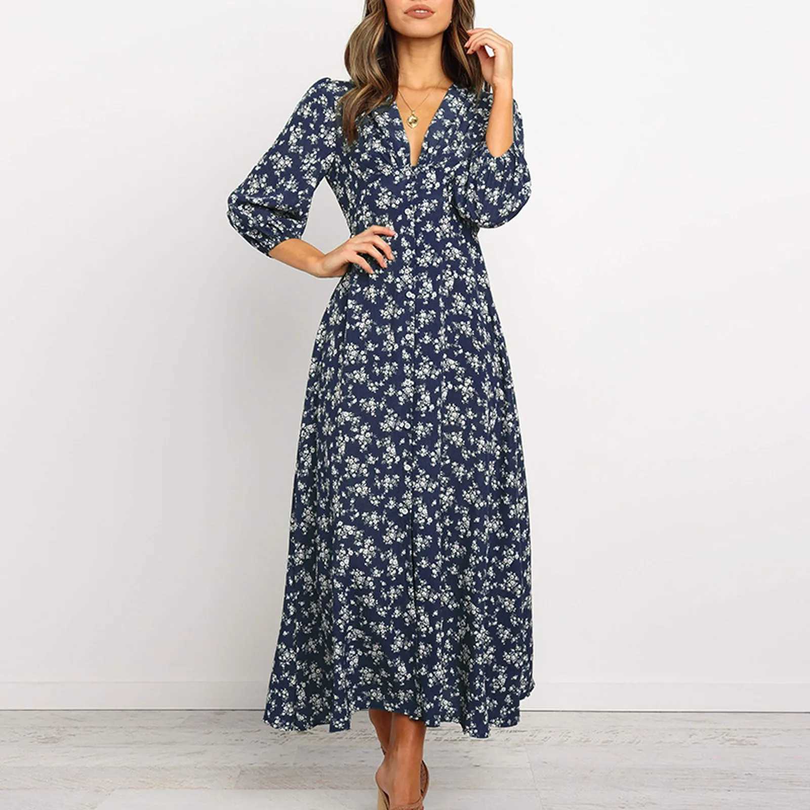 Basic Casual Dresses Womens Summer Dresses Elegant Floral Print Trendy Party Dress Sexy V Neck Long Slve Boho Slim Fit Maxi Beach Dress Y240515