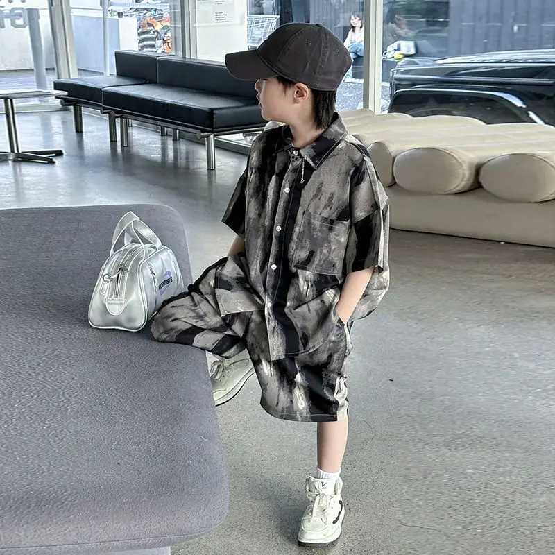 Clothing Sets Boys fashion summer Tye die short sleeved shirt+pants 2-piece set for 4-14 year old childrens trend street clothing set for childrens cl