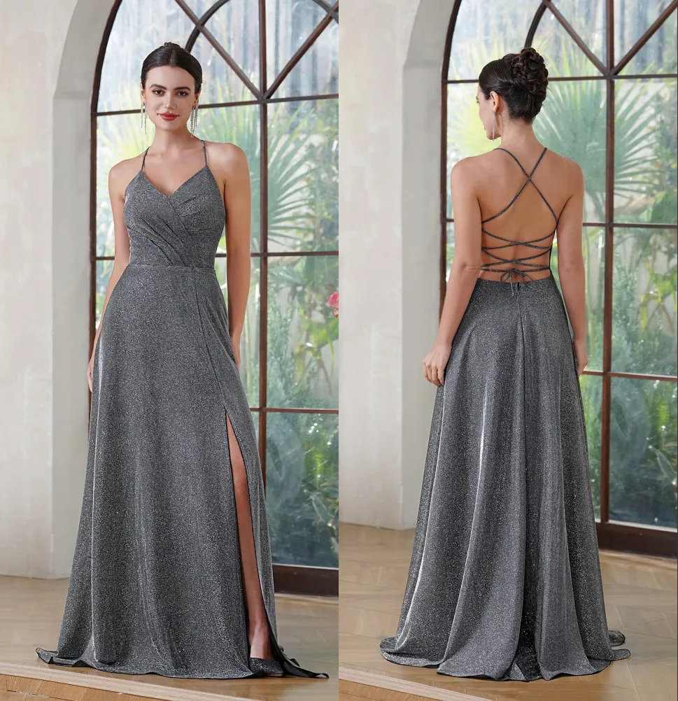Sparkle Grey Mermaid Bridesmaid Dresses Elegant Sleeveless Pleats Front Split Maid Of Honor Gowns Satin Evening Prom Dress Bm3218 0618