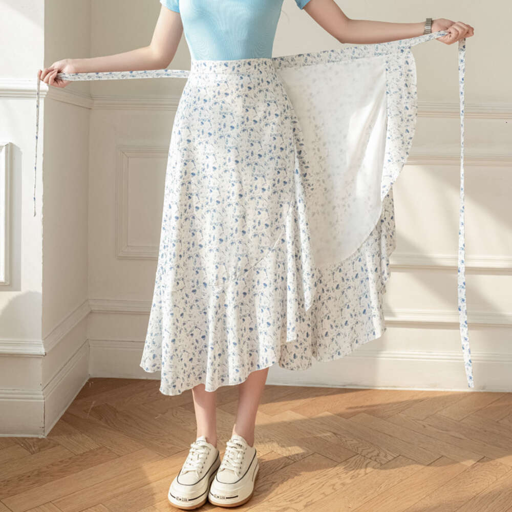 One Piece Chiffon Skirt For Womens Summer New Style With Tie Up Buttocks Wrapped Ruffled Edge Wrapped Skirt High Waisted A-line Floral Skirt