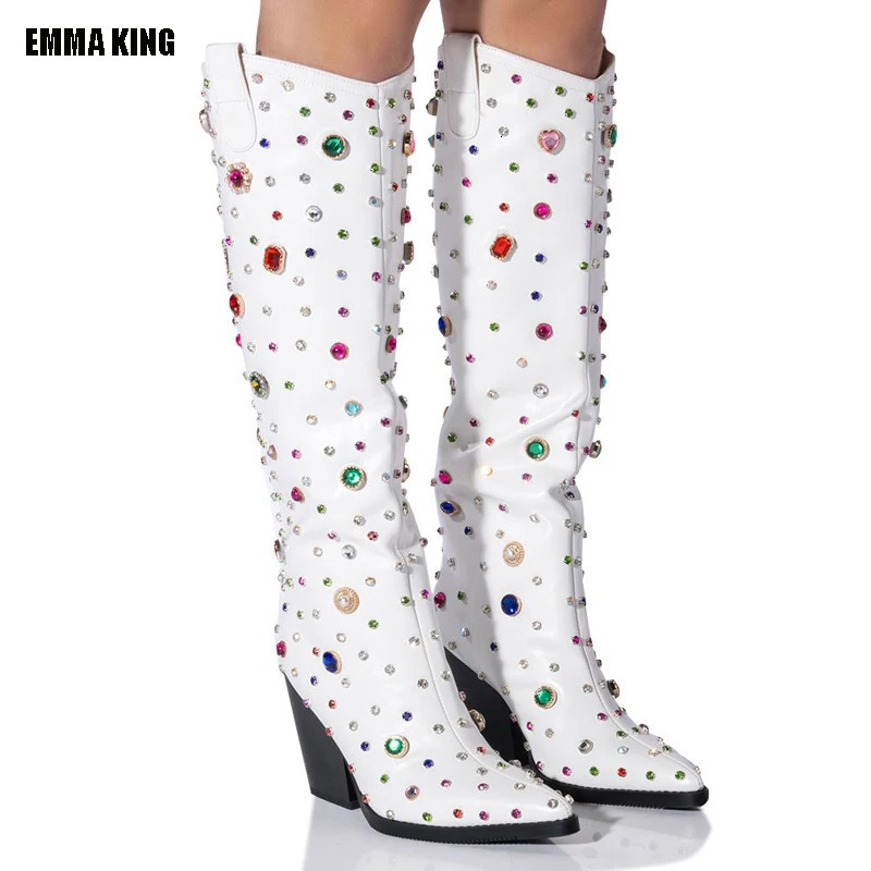 Lanjia Womens Dia High Heels Boots Cowgirl Pointed Toe Knee High Colorful Gem Long Lady Fashion White Boots Dh Ffa De