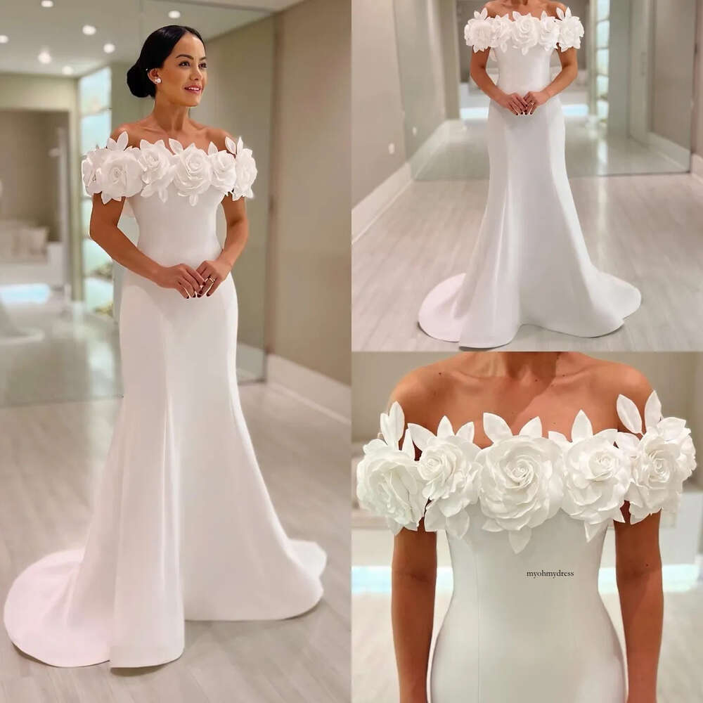 Elegant Mermaid Chart Wedding Dress Appliqued Off Shoulder Wedding Dresses Bridal Gowns Floor Length Satin Robe De Mariage 0516
