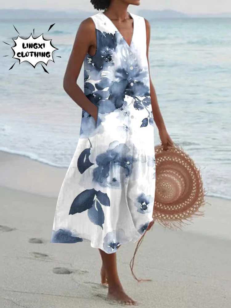 Basic Casual Dresses 2024 Summer Elegant Fashion V-Neck Loose Print Beach Resort Robe Party Style Dress Large Womens Long Dress White Dress Women Y240