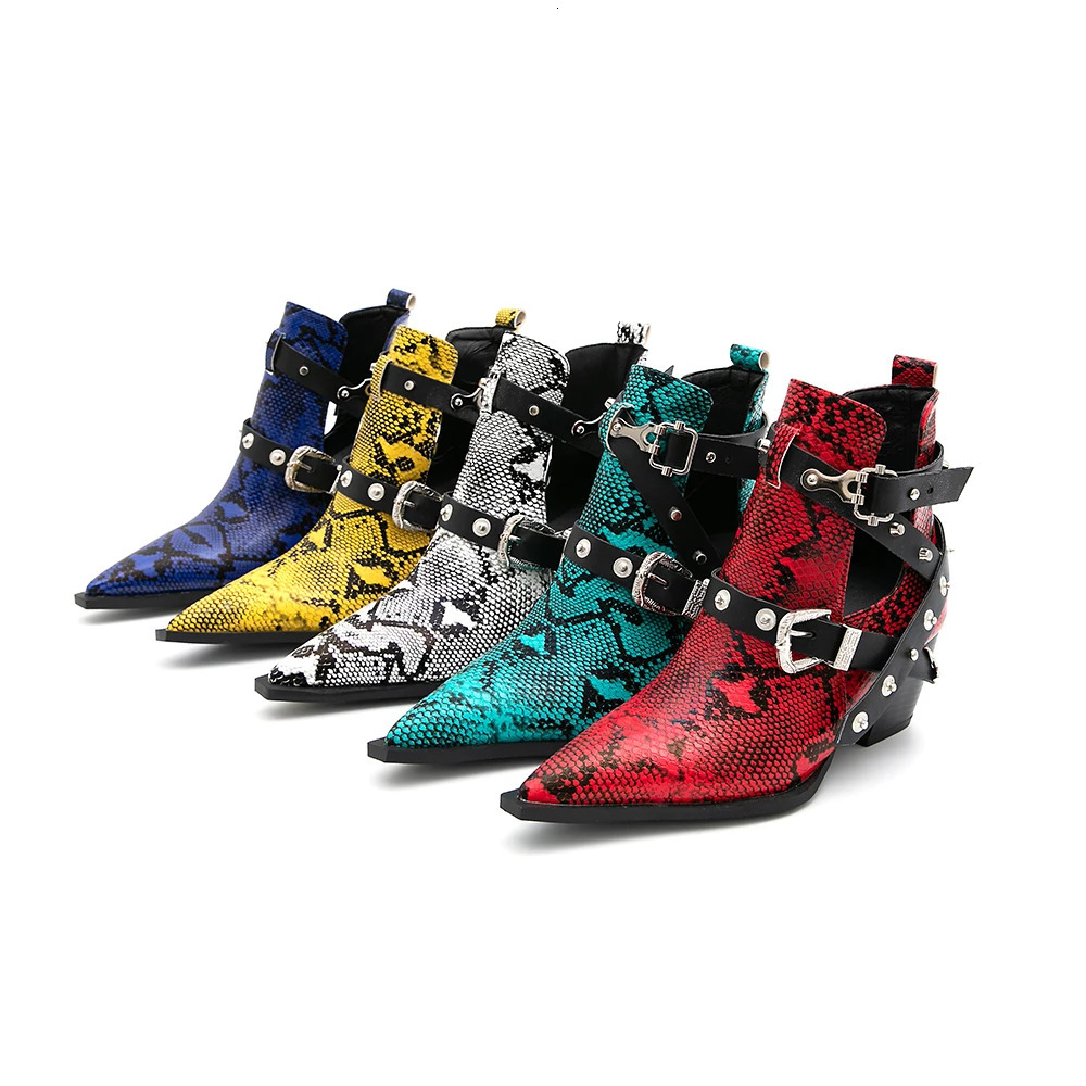 Motorcycle Western Cowboy Boots Women Snake PU Leather Short Cossac High Heels Pointed Cowgirl Booties Buckle Womens Shoes 240515 4 - view 3