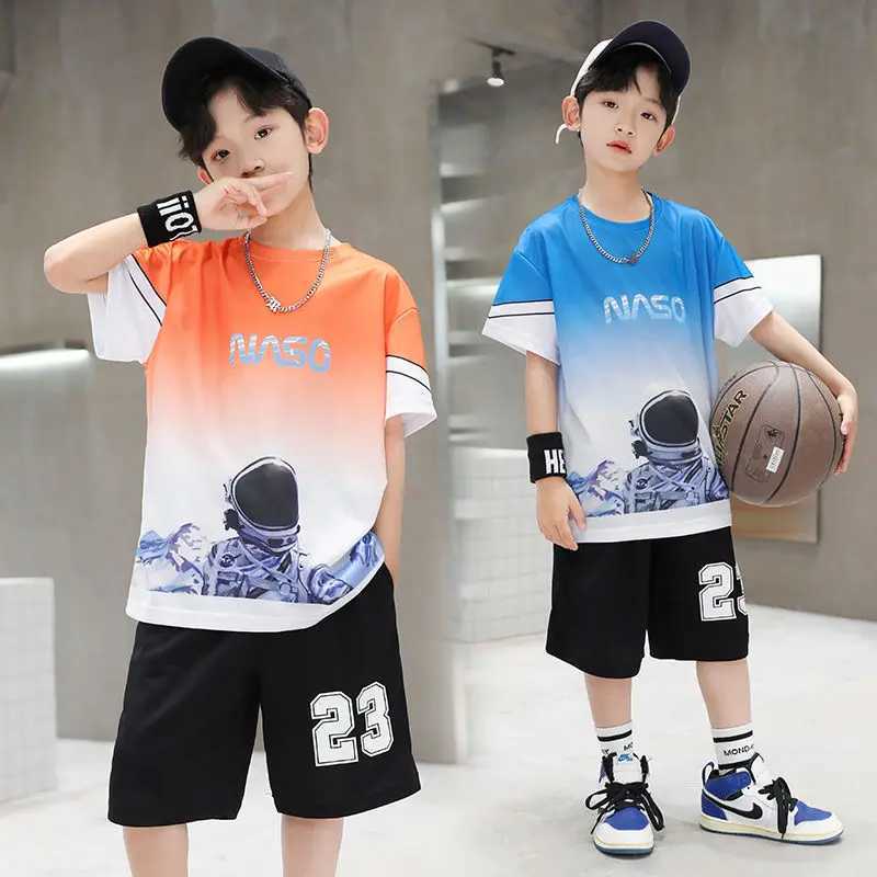 Clothing Sets Boys Summer Quick Dried Basketball Jersey Sports Short Sleeve Set 5-14 Year Old Childrens Fashion 2-piece T-shirt+Shorts Childrens Cloth