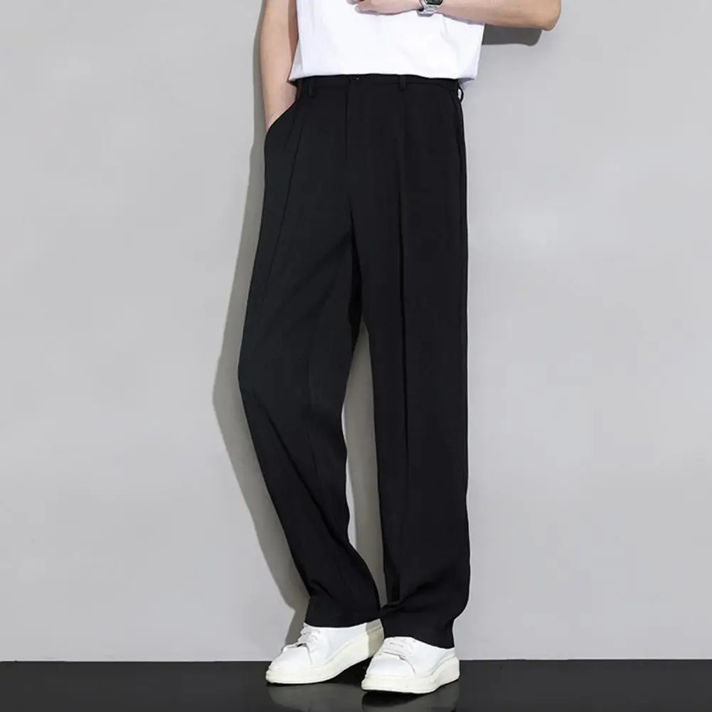 Men Pants Ice Silk Casual Long Pants Elastic Waist Buttons Fly Pockets Trousers Straight Wide Leg Draped Business Pants 240511