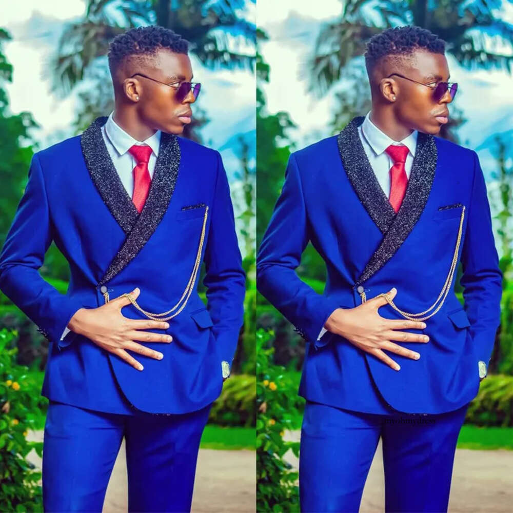 Royal Blue 2 Pieces Wedding Tuxedos Sequin Shawl Lapel Mens Suit Sets Slim Fit Groomsmen Wear Custom Made 0516