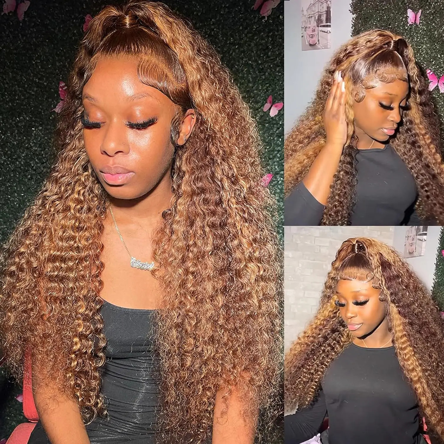 13x4 Glueless Highlight Lace Frontal Wig Deep Curly Human Hair Wigs Colored Transparent Water Wave Honey Blonde Lace Front Wig