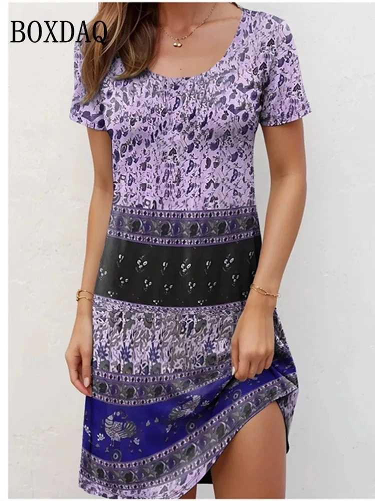 Basic Casual Dresses Ethnic Style Women Vintage Flower Print Dress Summer Pullover Short Slve Ladies Loose Plus Size Dress Casual Retro Dress 2024 Y24