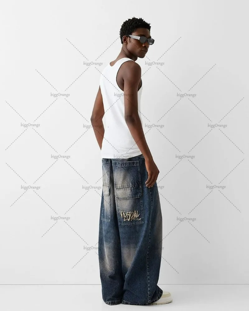 Y2k Trendy High Street Large Pocket Straight Trousers Men American Print Oversized Jeans Harajuku Casual Wide Leg Pants Women 240511